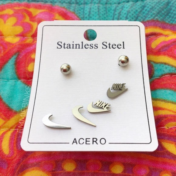 New Minimalist Nike Swoosh Silver Stainless Steel Earrings ~ Nike Stud Earrings - Picture 7 of 11